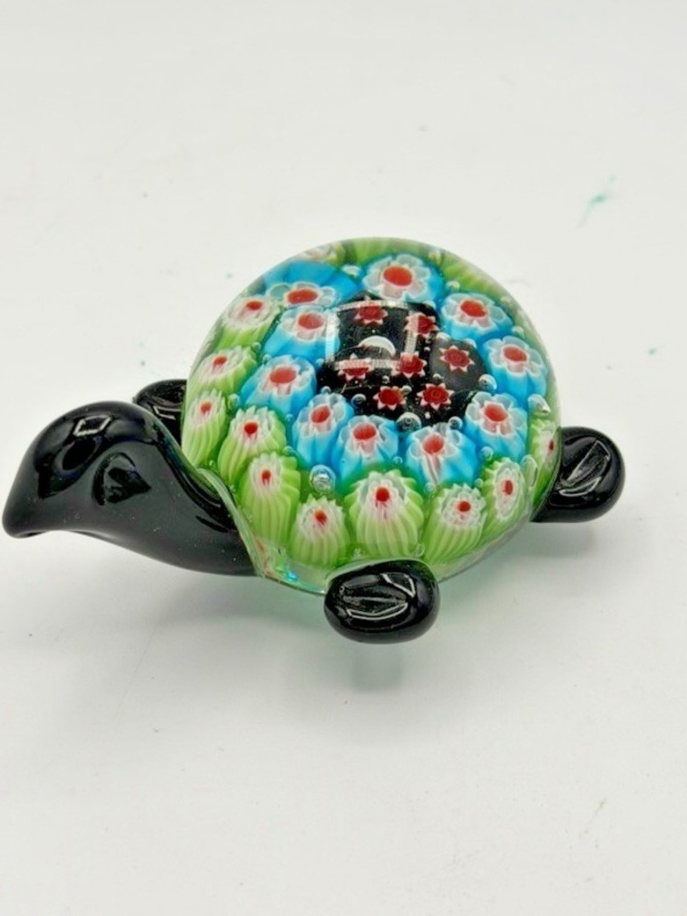 Glass Millefiori Turtle Figurine - Green and Black Decorative Art